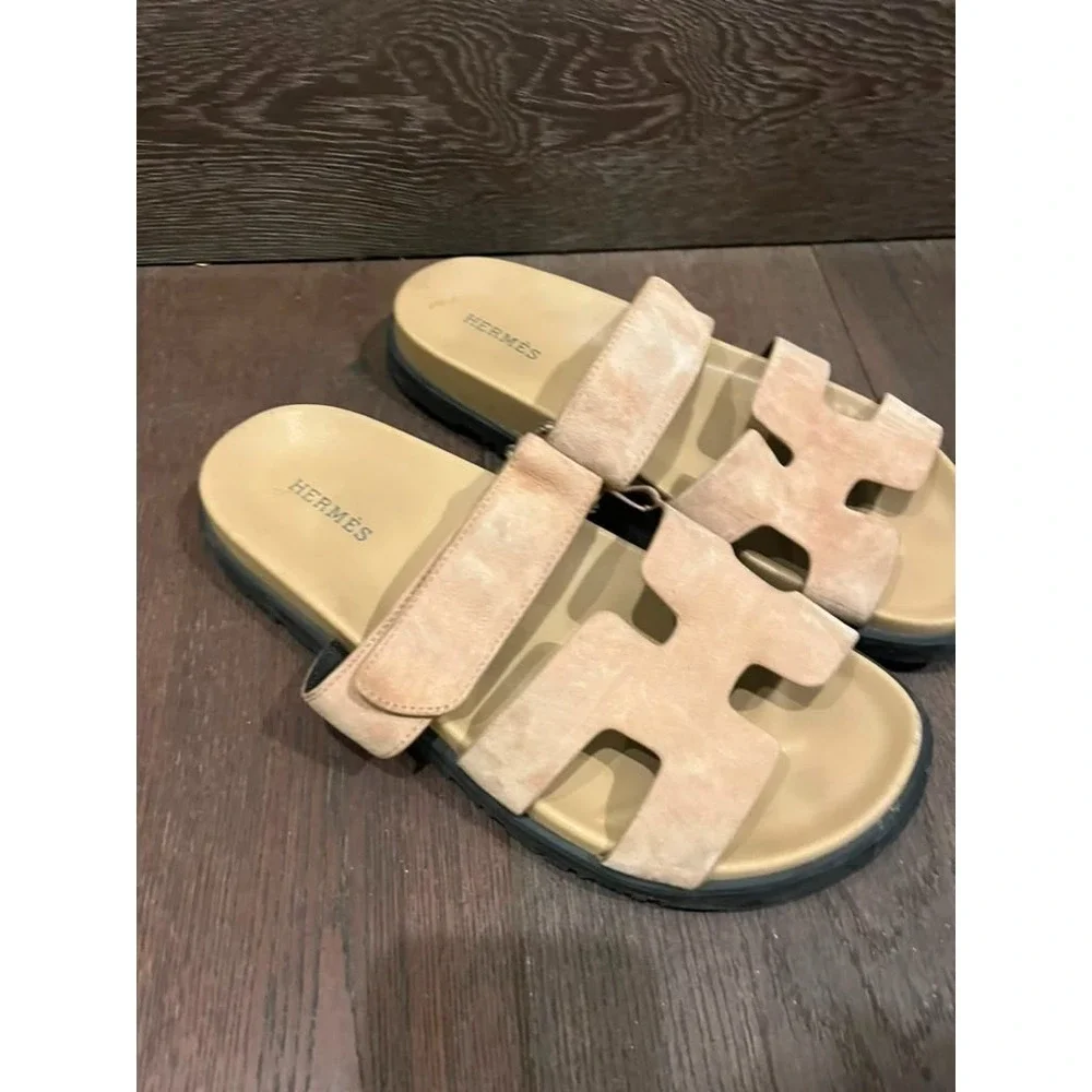 Hermès Chypre Suede Sandals Beige EU 41 Men's Adjustable Strap Made in Italy